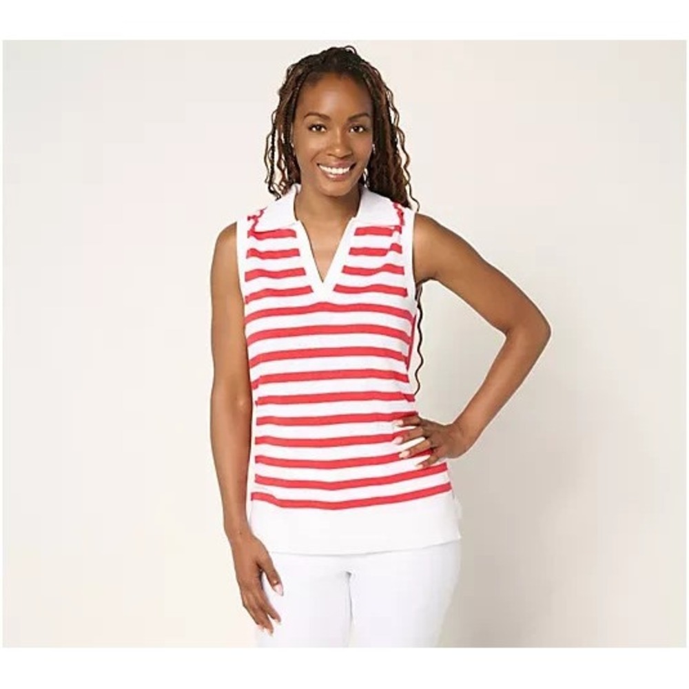 Belle by Kim Gravel Striped Front Solid Back Sweater Polo Hibiscus,X-Small